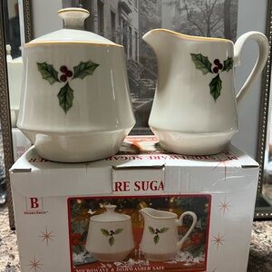 Merry Brite stoneware sugar & creamer.